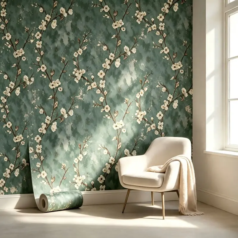 Vintage Magnolia Branch Self-Adhesive Wallpaper, 3D Embossed Removable Floral Wall Sticker, Waterproof Peel and Stick Wallpaper for Accent Wall, Large Roll 20.86"x393.7"