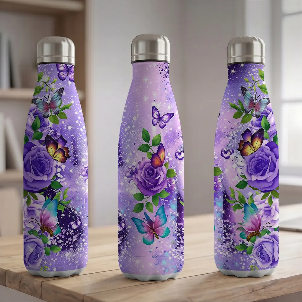 1pc 17oz Purple Rose Butterfly Vacuum Insulated Water Bottle 500ml Double Wall 304 Stainless Steel Cola Shape Coffee Mug Aesthetic Floral Print Travel Cup for Outdoor Sports Hiking Gym Car Office Use