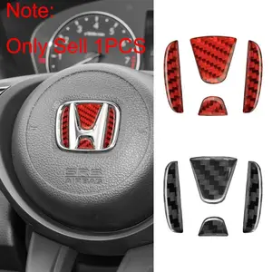 1Pcs Carbon Fiber Black/Red For Honda Civic Dio Crv Fit CR-V HR-V Accord Odyssey Car Interior Steering Wheel Emblem Badge Logo Lid Cover Sticker Modification Auto Accessories