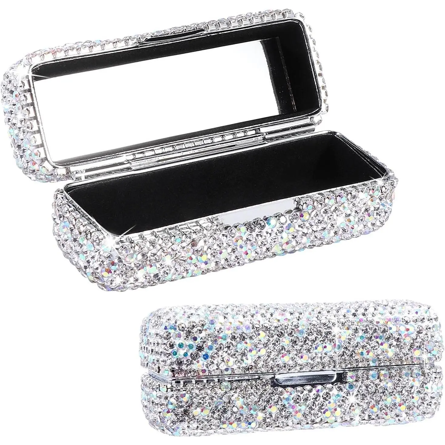 Rhinestone Lipstick Case with Mirror Bling  Lipstick Case 3.44x1.12x1.2in  Makeup  Storage Box Holder for Purse(COLOR:White)