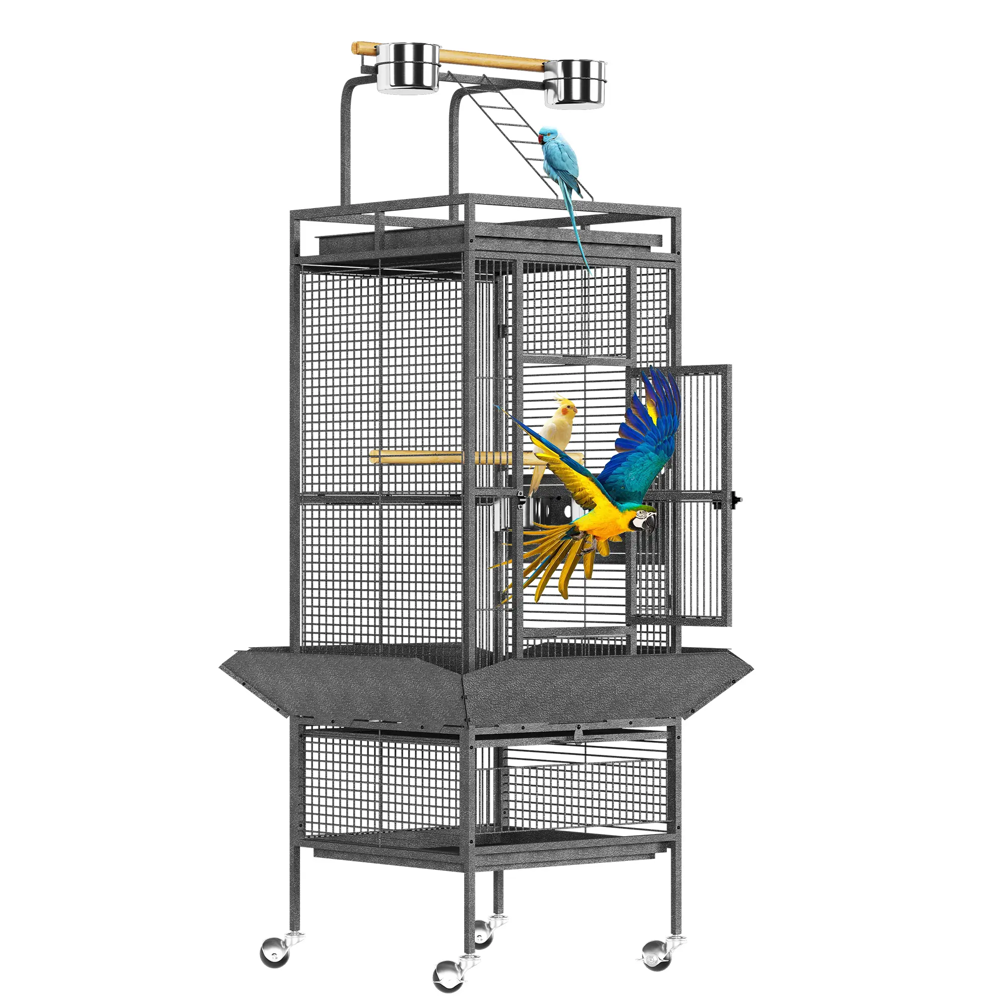 Large Bird Cage with Rooftop Playground & 360° Casters - Rolling Solid Wrought Iron Bird Cage with Roof Top for Parrots, Macaws, Cockatiel, Lovebird, Pigeon