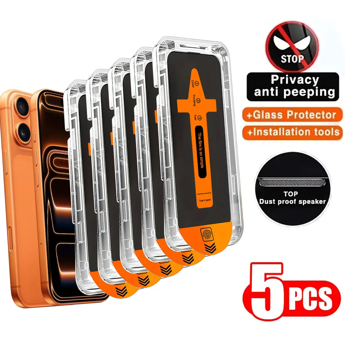 5pcs Full Cover Privacy, Anti Peep, Privacy Screen Guard Tempered Screen Protector For iPhone 17/16/15/17 Pro Max/16 Pro Max/15 Pro Max/Plus, 9H Tempered Glass, Dynamic Island Compatible, Anti-Scratch, Anti-fingerprint, Case Friendly