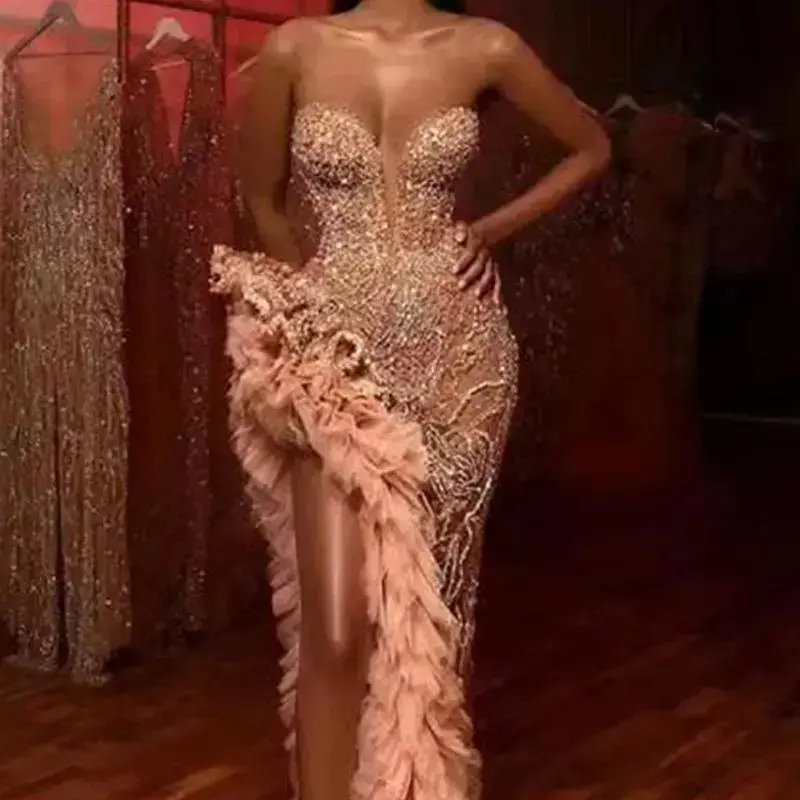 2025 official spring new European and American women's clothing annual meeting fringed tail sexy sequined tube top dress Chic Elegance Feminine Fitted chayce standing collar stretch Formal Flared Style Womenswear Casual Overall Suits Workwear