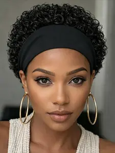 Headbands Wig Curly Wave Human Hair Wig for Women Pixie Cut Full Machine Made Wig 150% Density 6 Inch Wig Ideal for Daily Use and Special Occasions like Christmas and New Year Party