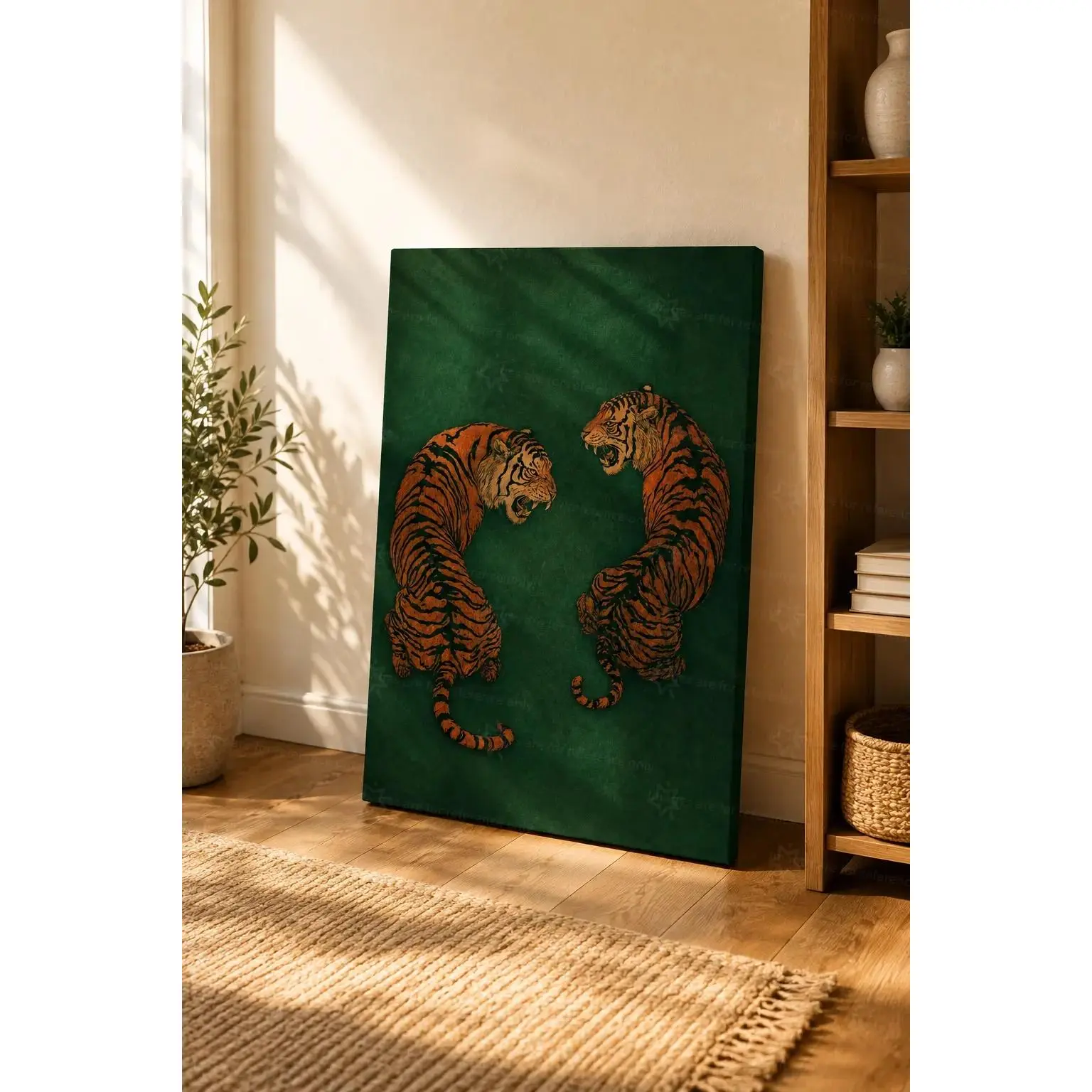 2D Flat, Tiger Fight Scene Wall - Horizontal Canvas Suitable for Bedroom & Living Room Decor, Tiger, Ink Canvas for Modern Decoration, Gift for Lovers