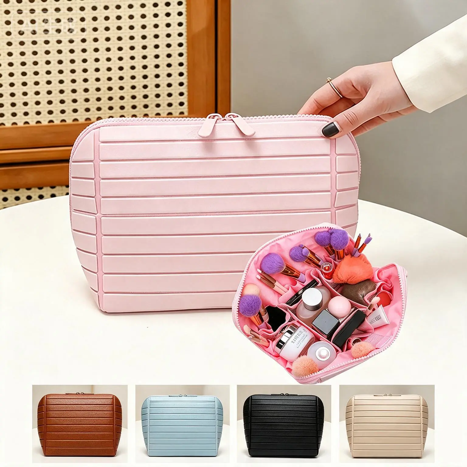 Compact Travel Makeup Bag for Women 7.87×7.09×4.33in, Open Flat Waterproof Cosmetic Bag, Portable Toiletry Organizer for Skincare & Daily Use