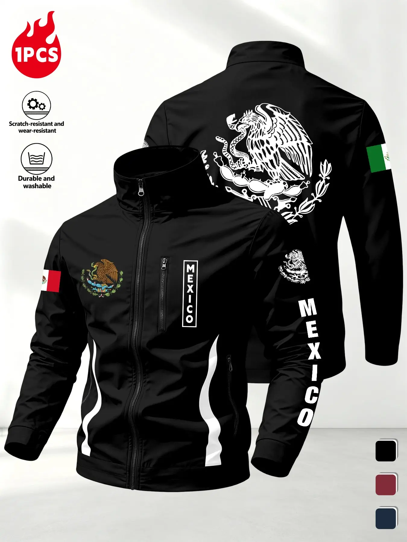 New Men's Stand Collar Jacket, Mexican Emblem Theme Windproof, Zip Pocket, Inner Pocket, Casual Sporty Long Sleeve Coat