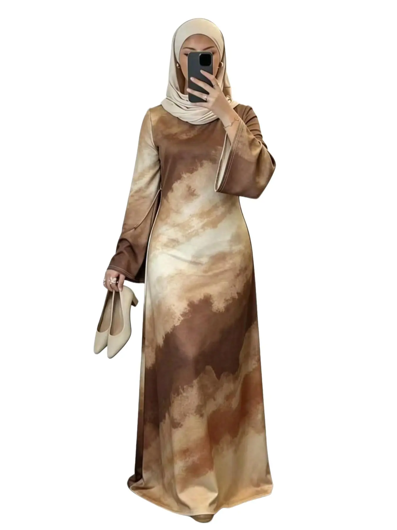 Fashion Women's Long Dress with Round Neck, Bell Sleeve Design, Abstract Print Knit Fabric, Suitable for Formal Occasions