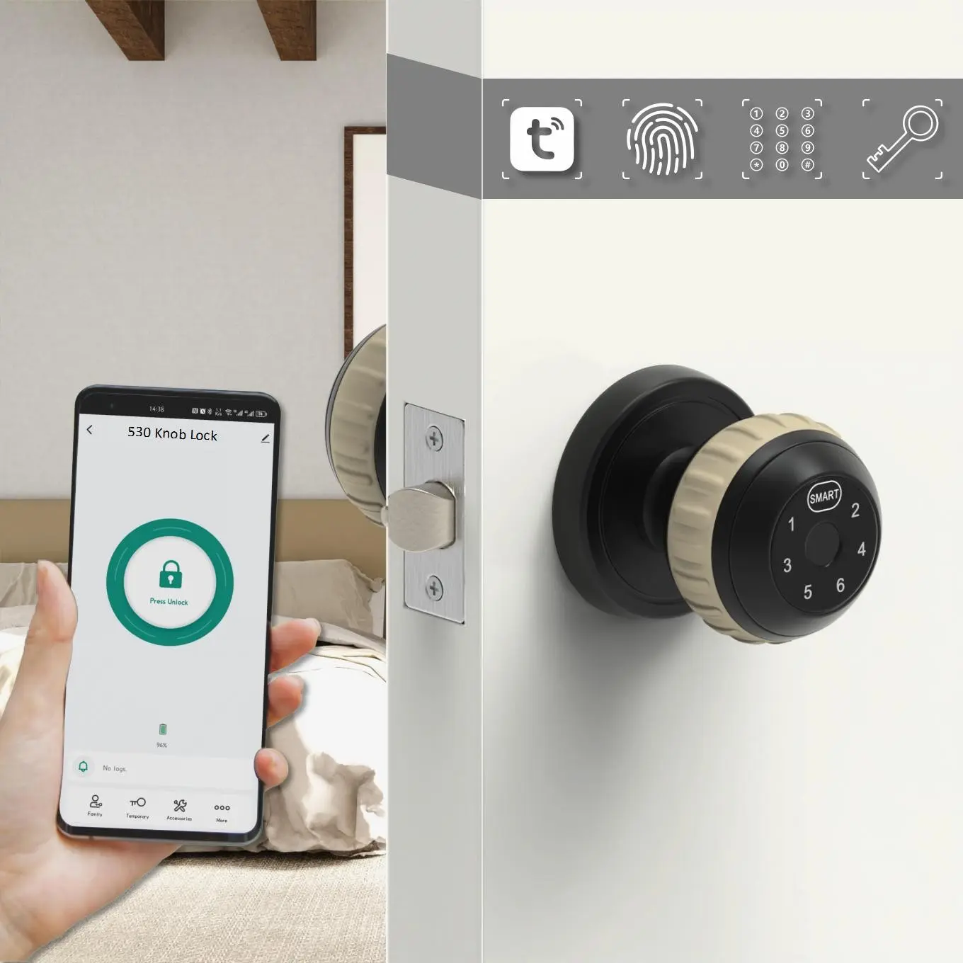 1 PC Black Fingerprint Smart Ball Lock, Keyless Electric Door Lock, Easy Installation, Advanced Security, Suitable for Home and Office, Fingerprint Smart Locks