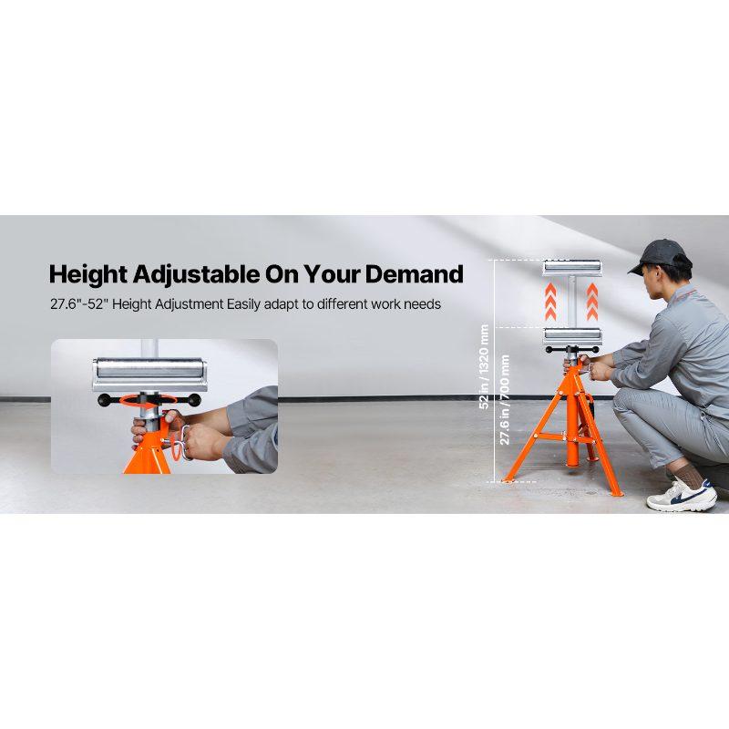 VEVOR Roller Stand, Heavy Duty 2500 LBS Load Capacity, 27.6-52 Height Adjustable, 45# Steel Folding Roller Support Stand for Pipes, Wooden Boards