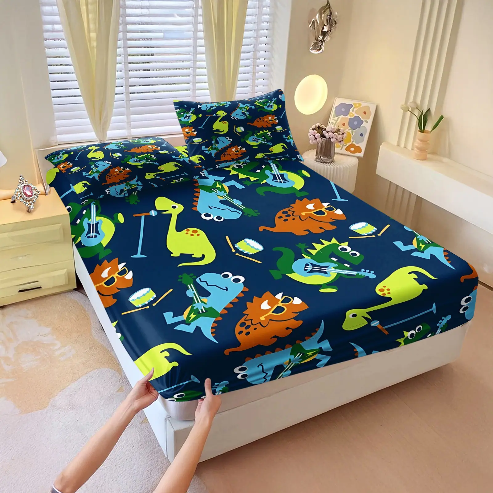 3Pcs Dinosaur Pattern Fitted Sheet Set (1 Fitted Sheet, 2 Pillowcase, Not Pillow Core), Cartoon Digital Print Bedding Set, Deep Pocket Fitted Bed Sheet, Soft Breathable Bed Cover, Fun Bedroom Decor, Gift Dinosaur Lovers