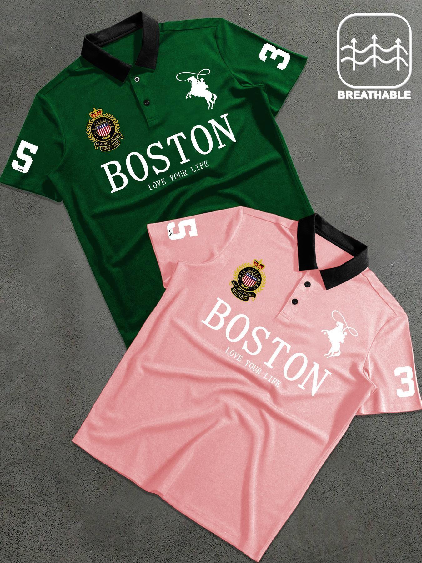 Men's Letter & Number Print Polo Shirt, Fitted Casual Collared, Regular Fit Casual Short Sleeve Top for Daily Outdoor Wear, Fashion Men's Clothes for All Seasons