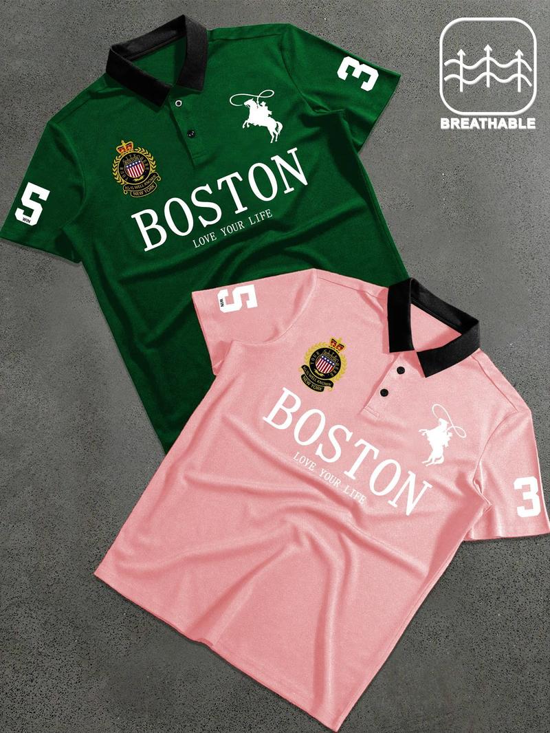 Men's Letter & Number Print Polo Shirt, Fitted Casual Collared, Regular Fit Casual Short Sleeve Top for Daily Outdoor Wear, Fashion Men's Clothes for All Seasons