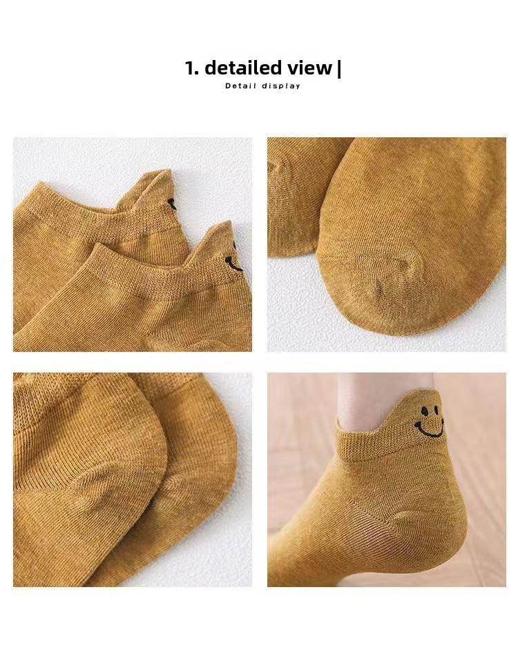Short Trendy 1 Pair Happy Expression Ankle Socks Sports Socks Women Soft Cotton Invisible Socks With Smile Expression Design Lightweight Breathable Suitable For Work School Sports And Yoga Women Clothing Cute Elastic Daily Wear Atmosphere Womenswear compr