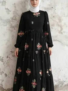 Boho Long Dress, Elegant Floral Embroidery, Puff Sleeve, Loose Fit, Casual Style, Ideal for Muslim Women, muslim dresses, Ramadan and Eid