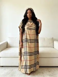 Women Oversized Beige Retro Grid Plaid Caftan Maxi Dress Two Piece Outfit With Scarf, Loose Flowy Kaftan Robe, Curvy Friendly Plus Size Beach Cover Up, Luxury Vintage Resort Wear, Bohemian Lounge Night Gown, Summer Vacation Pool Robe, Matching