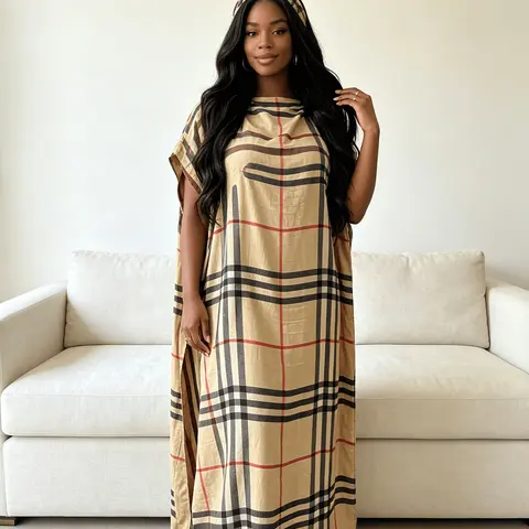Women's Retro Grid Plaid Caftan Maxi Dress, Two-Piece with Scarf, Flowy Kaftan Robe, Beach Cover-Up, Vintage Resort Wear, Casual Loose