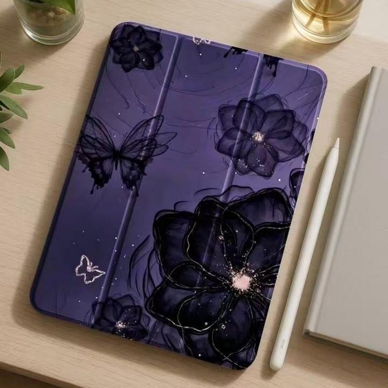 Dark purple butterfly floral pattern, with adjustable stand and pencil holder , foldable non-slip TPU protective case, suitable for Samsung, iPad mini, iPad Air, iPad Pro/iPad 10th generation, 11th generation and other iPad series protective cases.