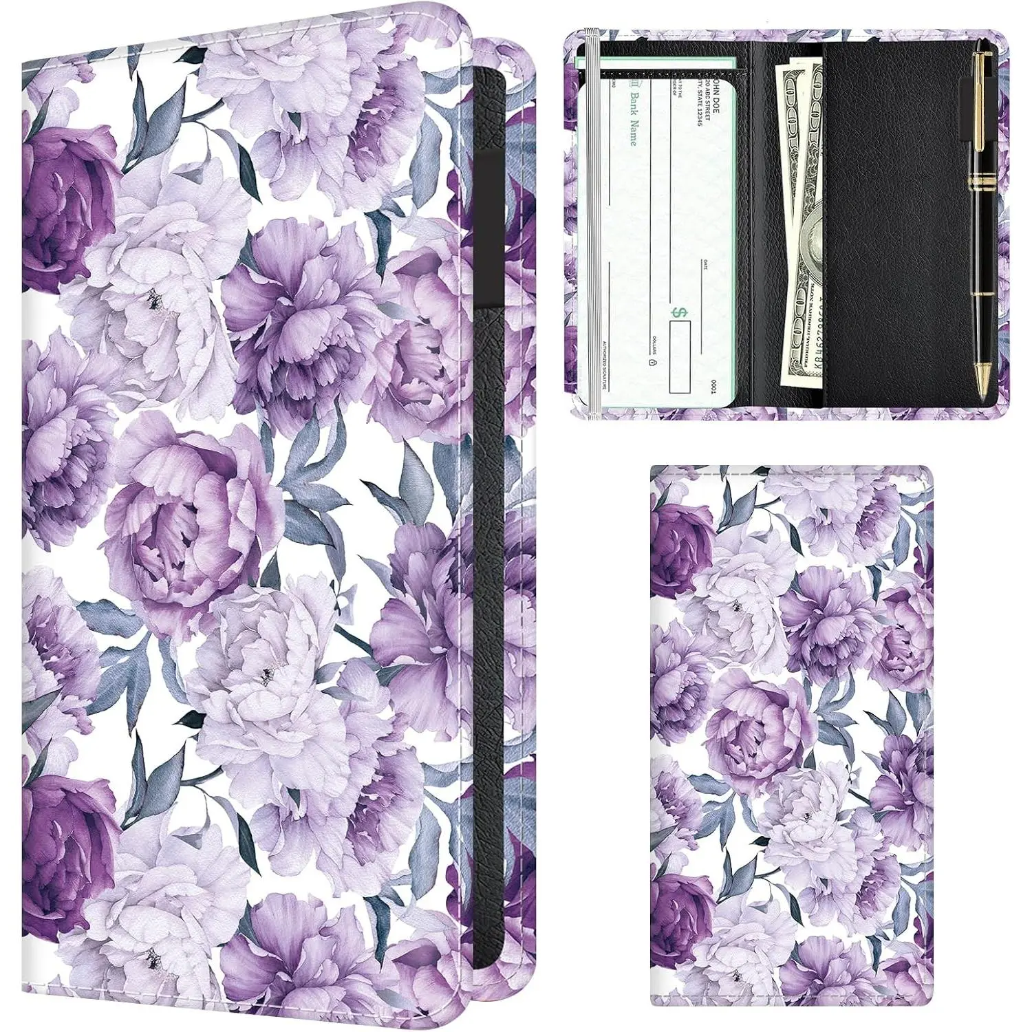 Checkbook Cover for Personal Checkbook, Cute Pu Leather check book for Women & Men, Slim Checkbook Holder with Pen Holder and -in Clear Plastic Divider  Floral Roses