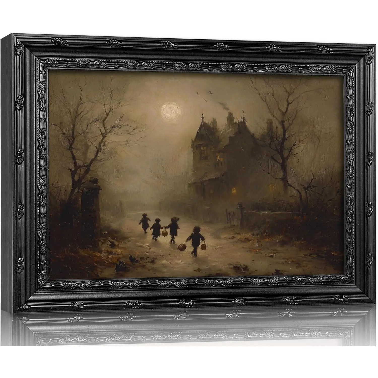 Vintage Black Framed Dark Academia Halloween Trick-or-Treat Wall Art,Gothic Haunted House Canvas Print,Moody Victorian Spooky Kids Decor for Bedroom Living Room Halloween Home Wall Decor