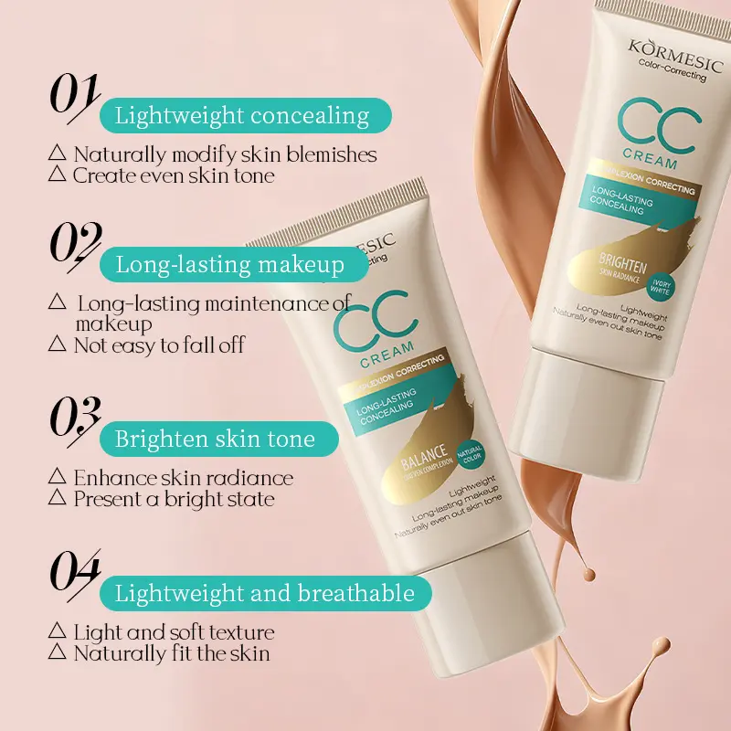 Long Lasting Color Correcting CC Cream, Skin Radiance Even Tone Makeup, Lightweight Hydrating Nude Foundation Suitable for Women Daily Simple Makeup Look