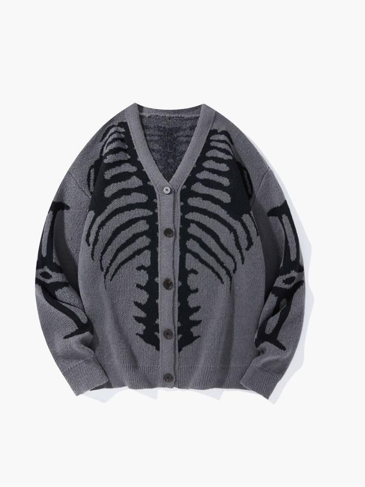 Men's Skeleton Print Button-Front Knitwear Top - Long Sleeve V-Neck, Loose Drop-Shoulder Regular Fit, Soft Menswear Pullover, Spooky Men's Cardigan, Multi-Size, Casual Halloween Fall Wear