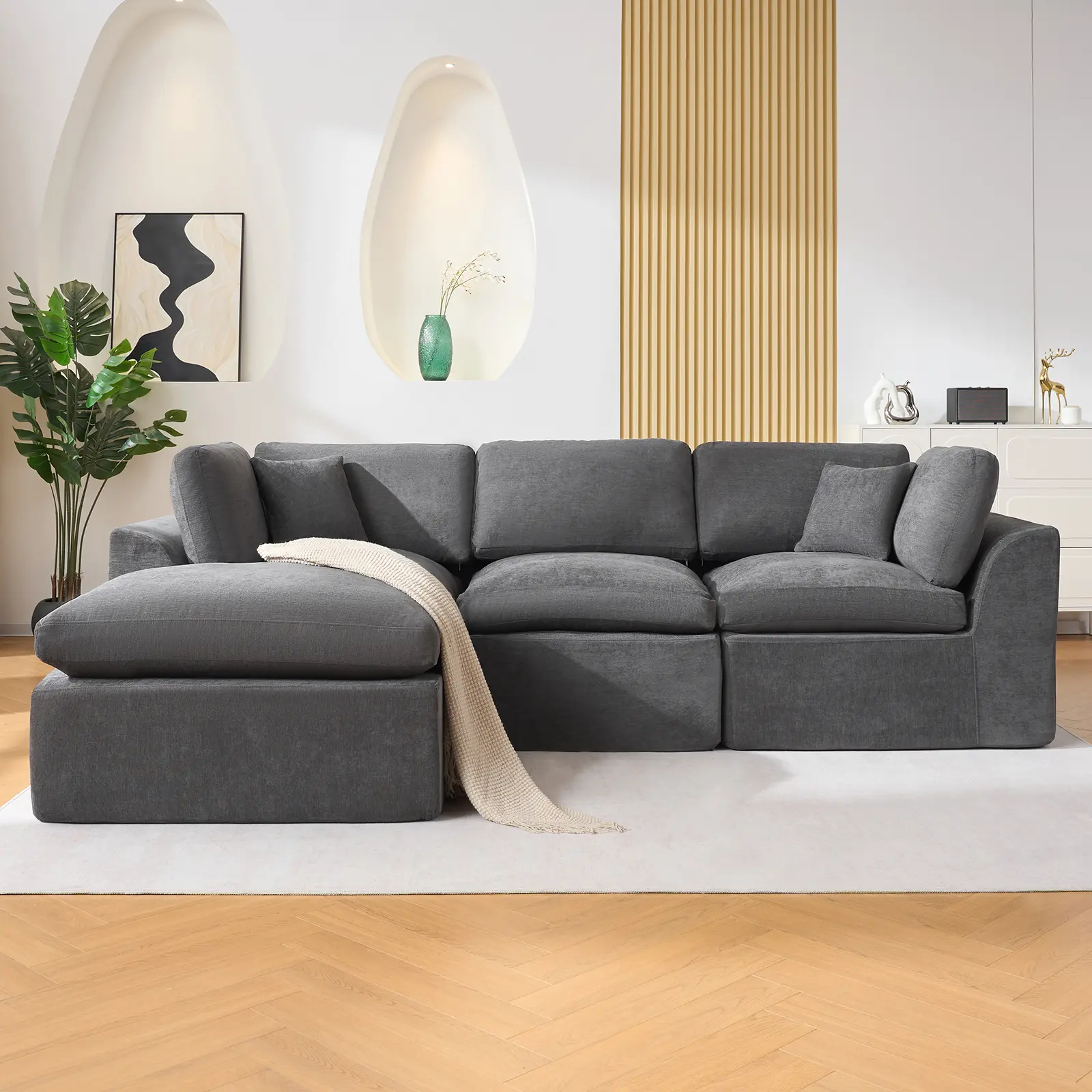 110" Cloud Sectional Sofa with Chaise Lounge, No Assembly Required L-Shaped Modular Memory Foam Couch, Comfy Deep Seat Sofa Chenille Fabric for Living Room and Apartment