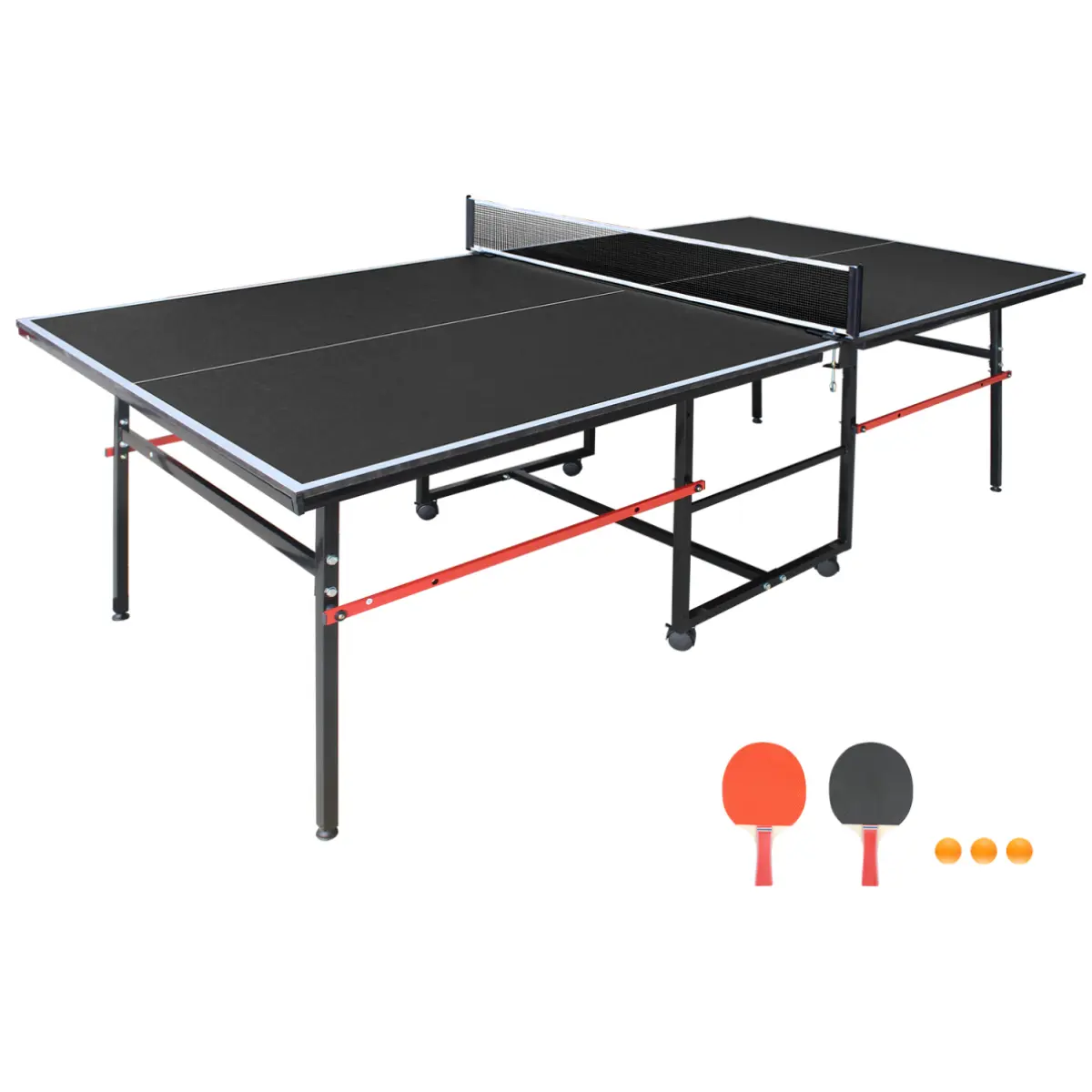 8 x 4 ft Mid-Size Table Tennis Table Set with Foldable Portable Design, Indoor Ping Pong Table with Net 2 Paddles and 3 Balls, MDF Top with Adjustable Legs, Black