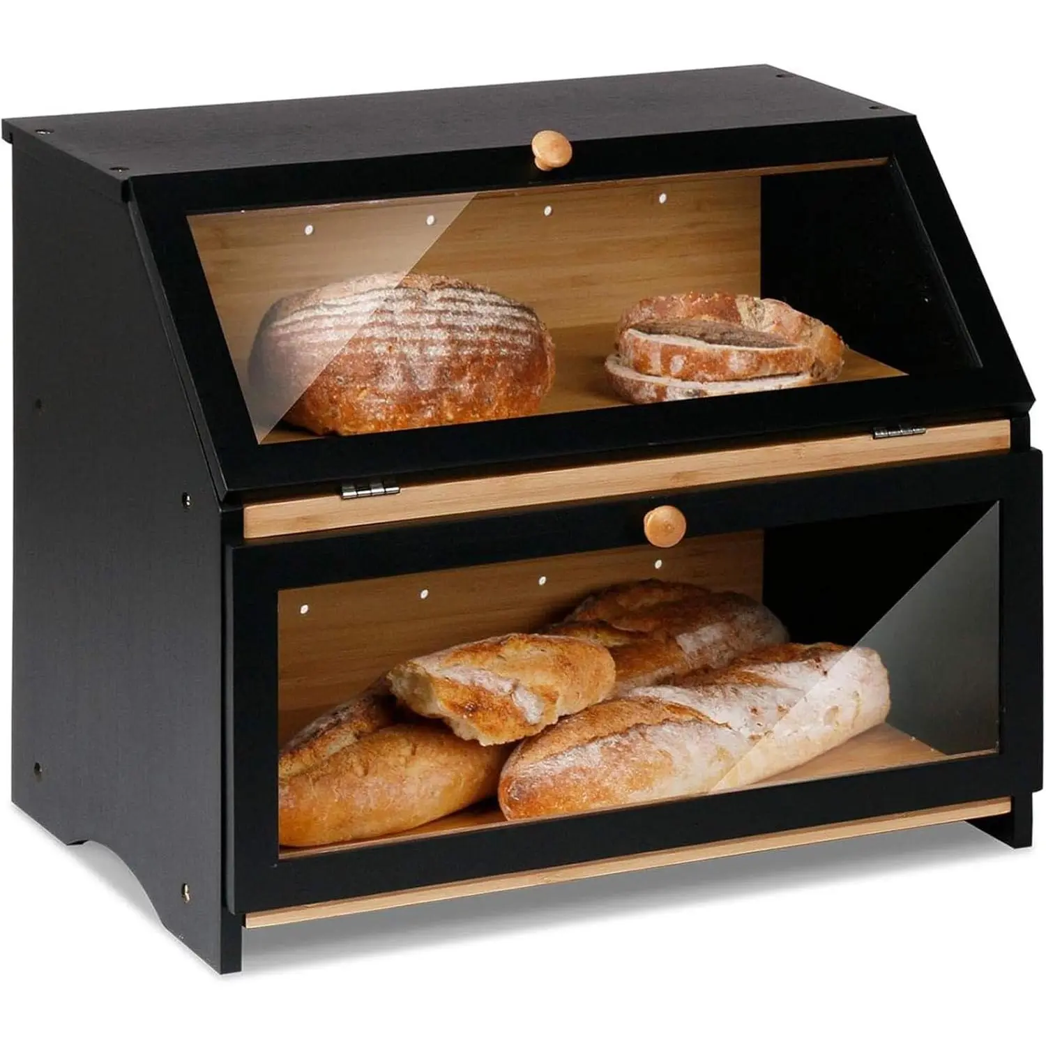 Double Layer Wooden Bread Box, Keep Bread Fresh Longer, Black