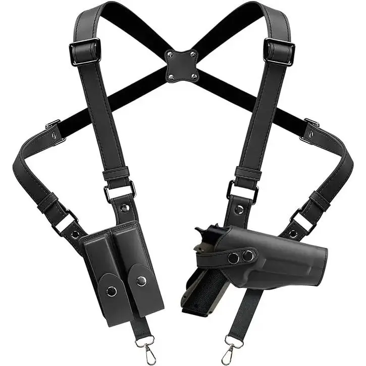 Universal Vertical Shoulder Holster for Concealed Carry with Dual Magazine Pockets Fits Most Handguns Made of Premium Genuine Leather Tactical Equipment