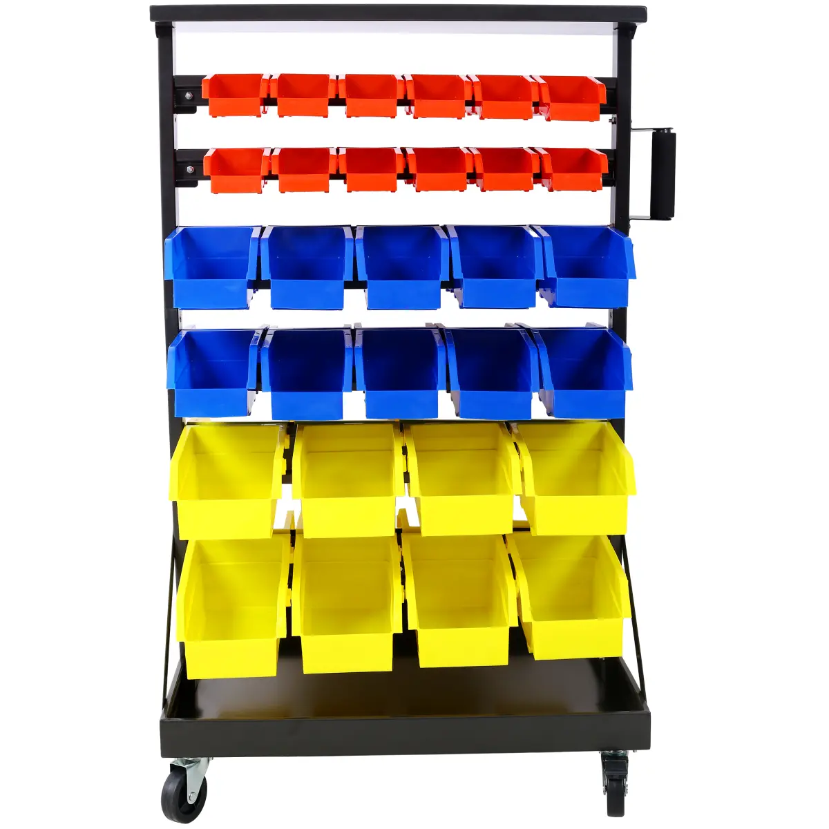 Industrial Mobile Parts Storage Bin Rack (28.4×20.5×42.7 in) – 60 Color-Coded Plastic Bins, Lockable Rubber Rolling Wheels, Black Powder-Coated Metal Frame, 350 LBS Load, Hanging Garage Workshop Tool Organizer