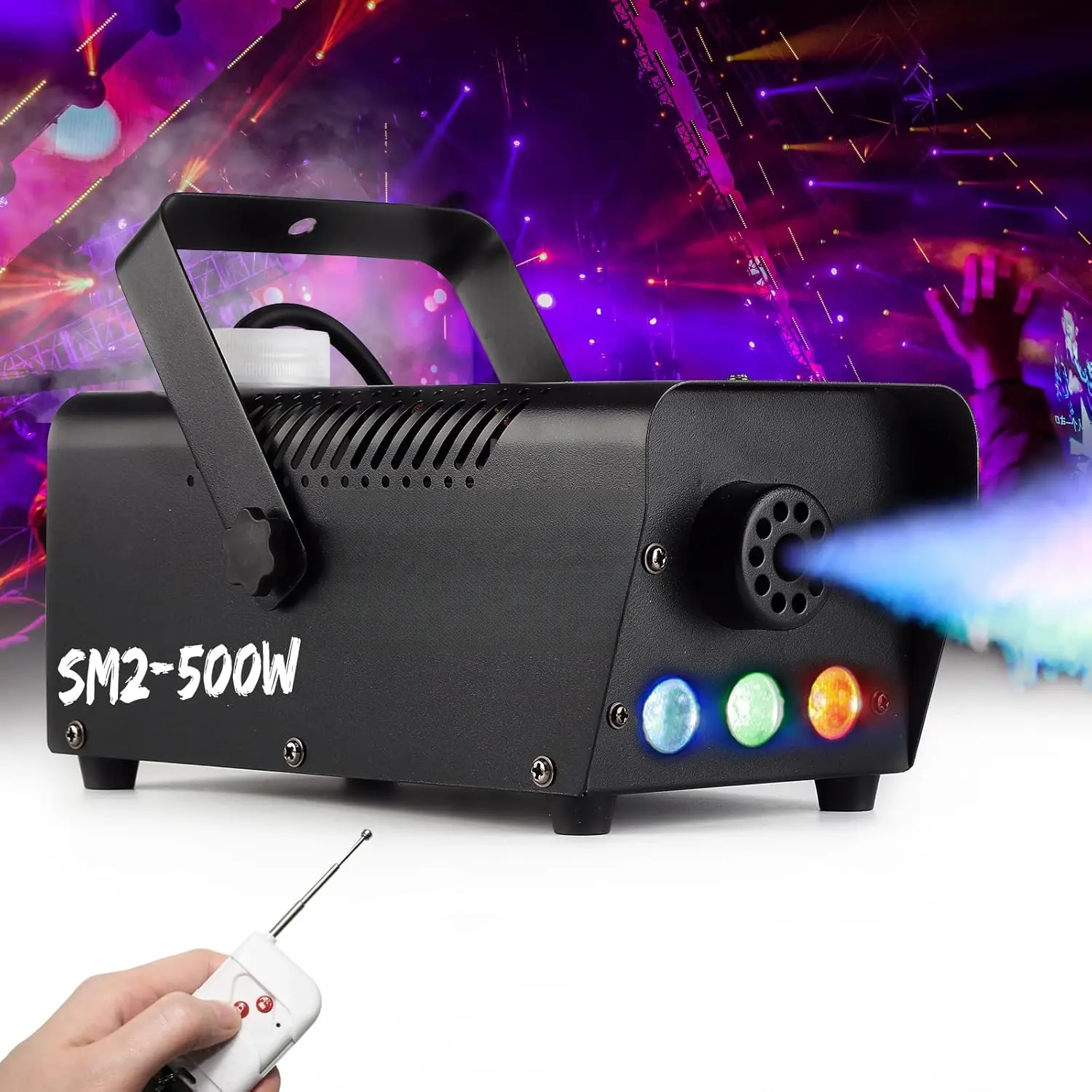 Fog Machine Auto Smoke LURT LED Light 500W Mini Wireless Remote Control Mode Portable for Parties Outdoor Halloween Wedding Stage Effect Indoor Disco and Disinfection 2500CFM Fuse Protection
