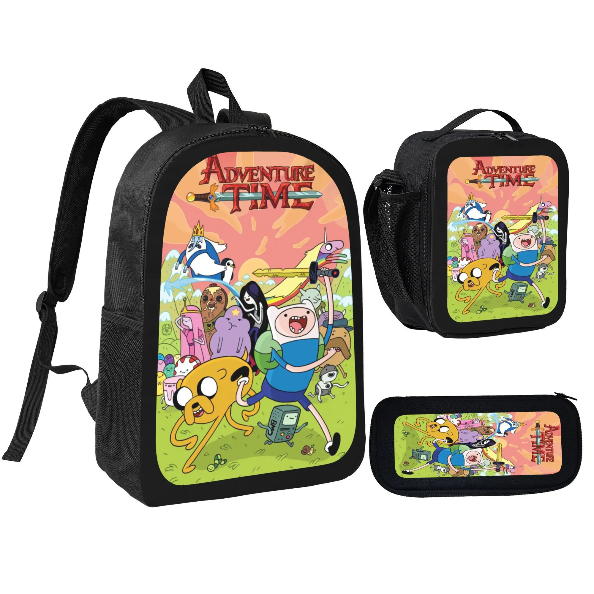3pcs Unisex Large Capacity Adventure Time Backpack, Cool Anime school bag for girls boys, Adjustable Shoulder Straps, Casual, Daily  Backpack, Lunch Bag, and Pencil Case, Perfect Gift