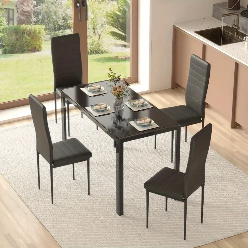 Glass Top Dining Table Set with 4 Leather Chairs, 5-Piece Space-Saving Table Set for Restaurant, Kitchen, Apartment, Black