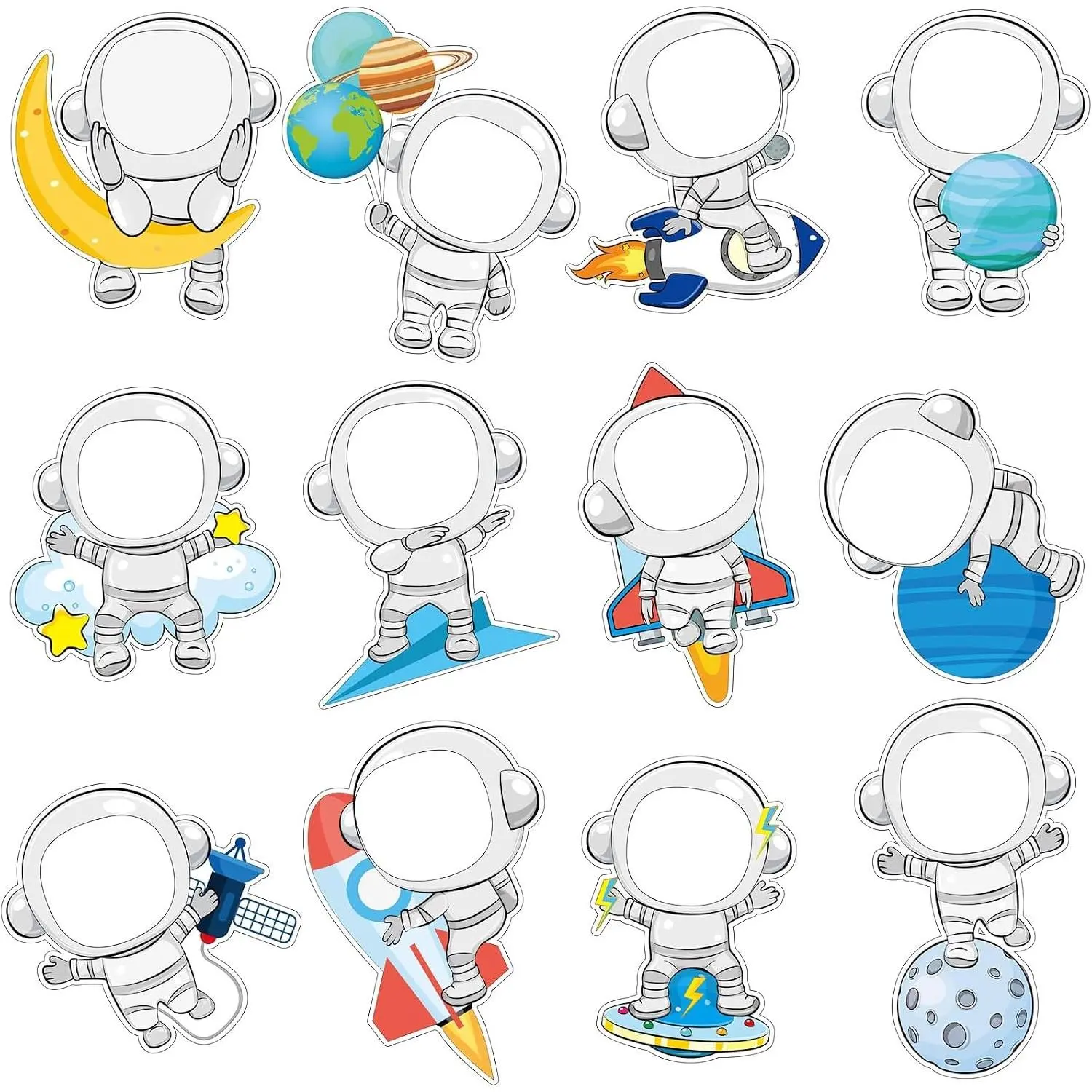 60 Pcs Astronaut Cutouts DIY Photo Space Bulletin Board Decoration | Classroom Cut Outs Photo Craft Wall Door Decor for School Office Classroom Astronaut Space Birthday Party Supplies