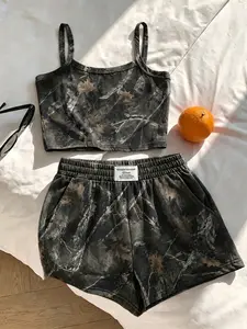 Women's Summer Camo Leaf Print Crop Top & Shorts Set, Camouflage, Vintage Millennial Aesthetic Style, Loose Fit, Casual Two-Piece for Daily Wear