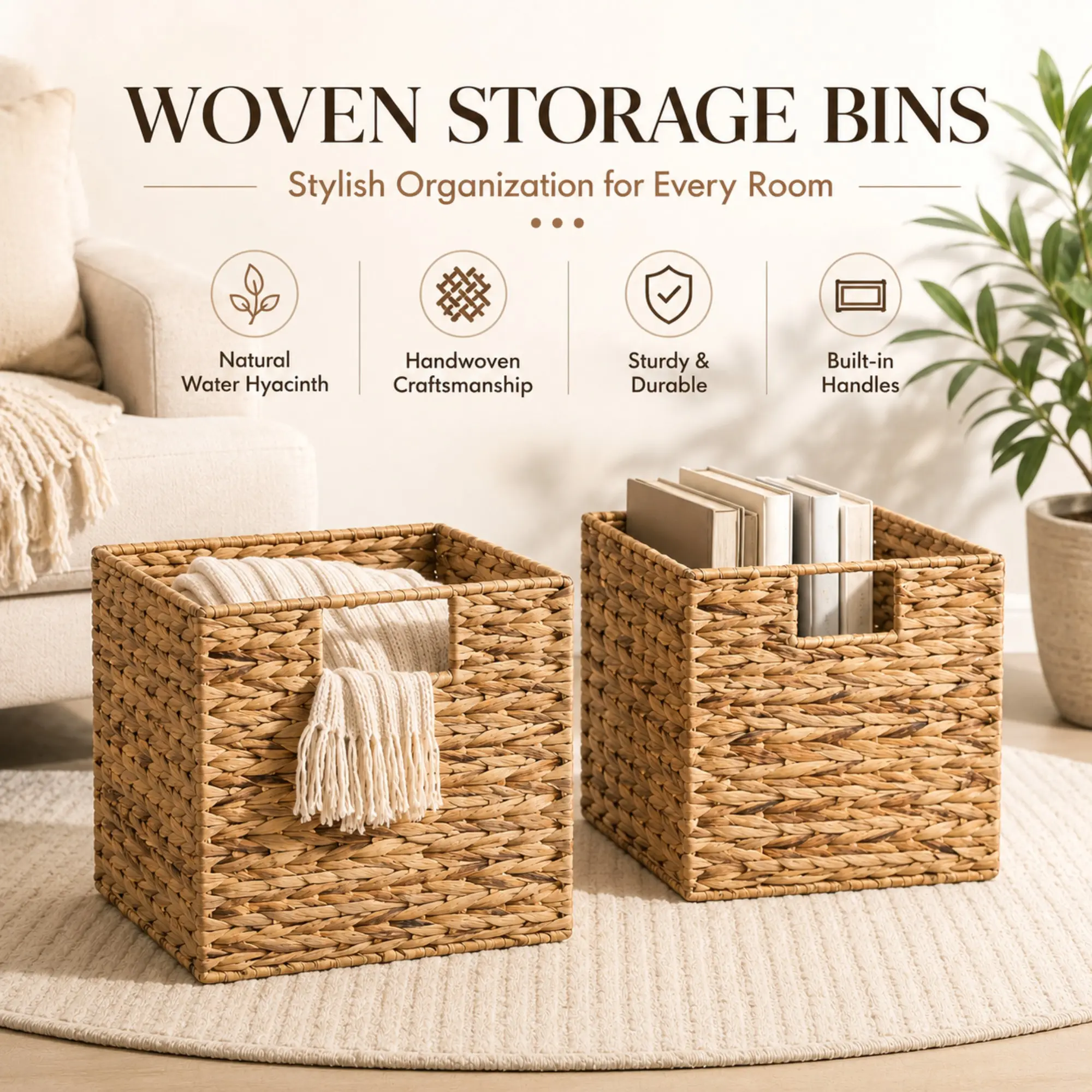 Woven Storage Box with Handles, Natural Water Hyacinth Storage Bins, Handwoven Cube Organizer Basket for Shelves, Closet, Bedroom, Living Room, Bathroom and Home Organization