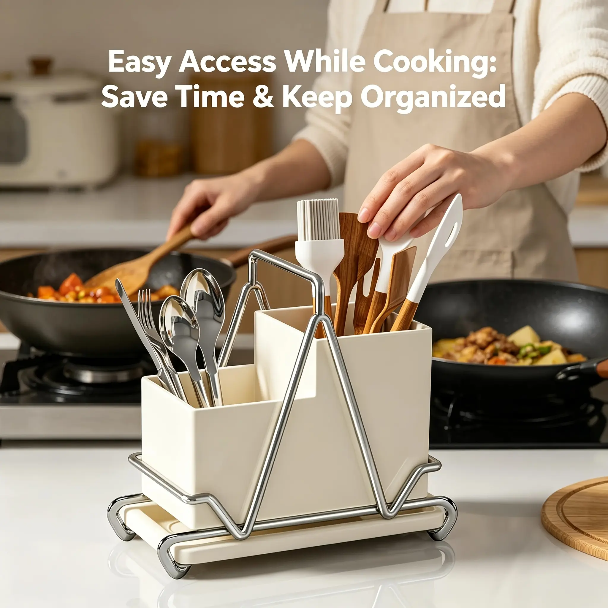 [Aura & Isle]2026 new model white stainless steel utensil rack with metal decoration--multifunctional kitchen countertop storage box, suitable for cooking utensils, knives, spoons and forks, restaurant accessory triangular design metal utensil rack