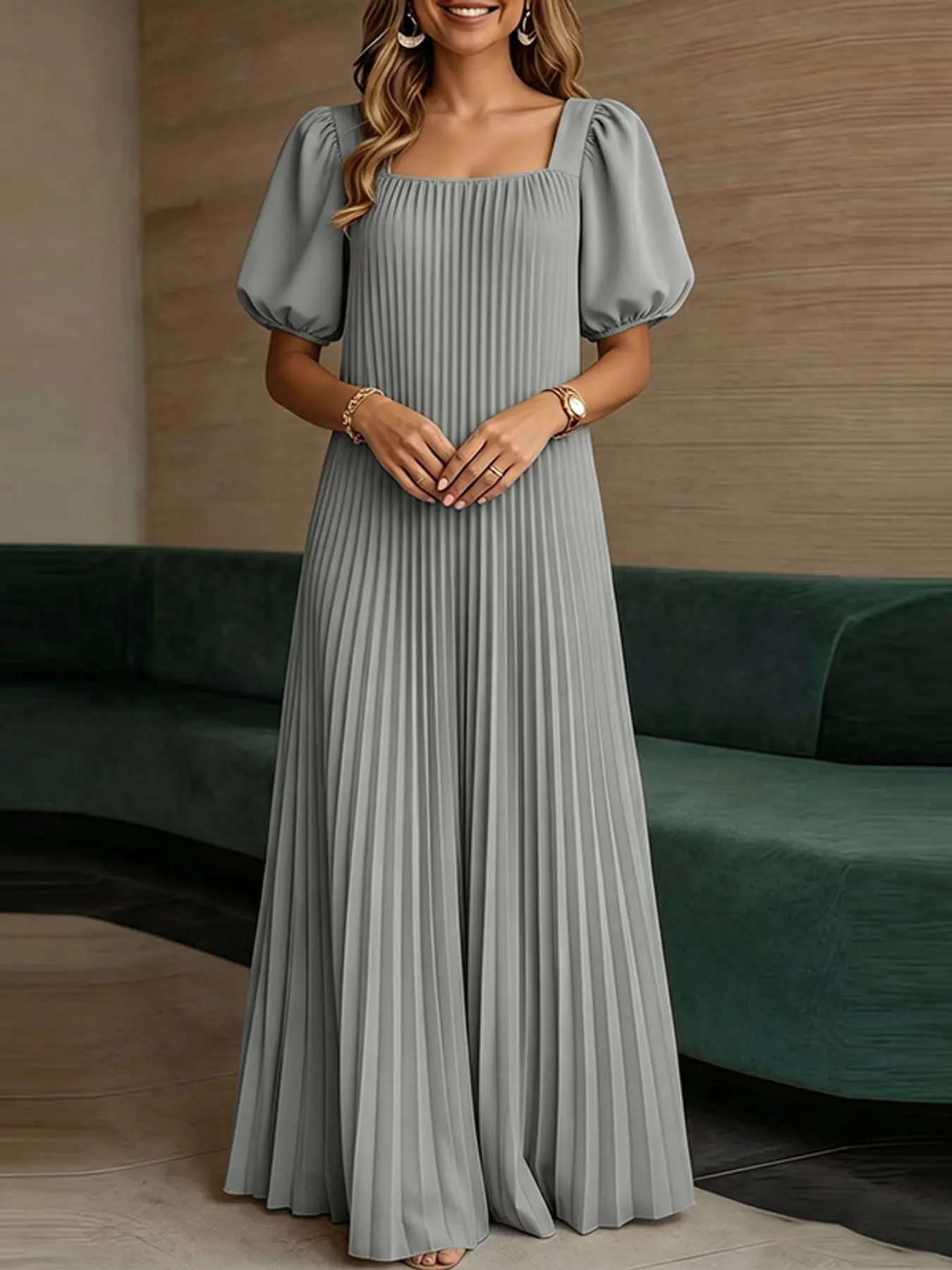 ZANZEA Women's Solid Pleated Loose Fit Half Sleeve Square Neck Dress, Brunch Dress, Elegant Long Dress, Casual Style, European and American Fashion