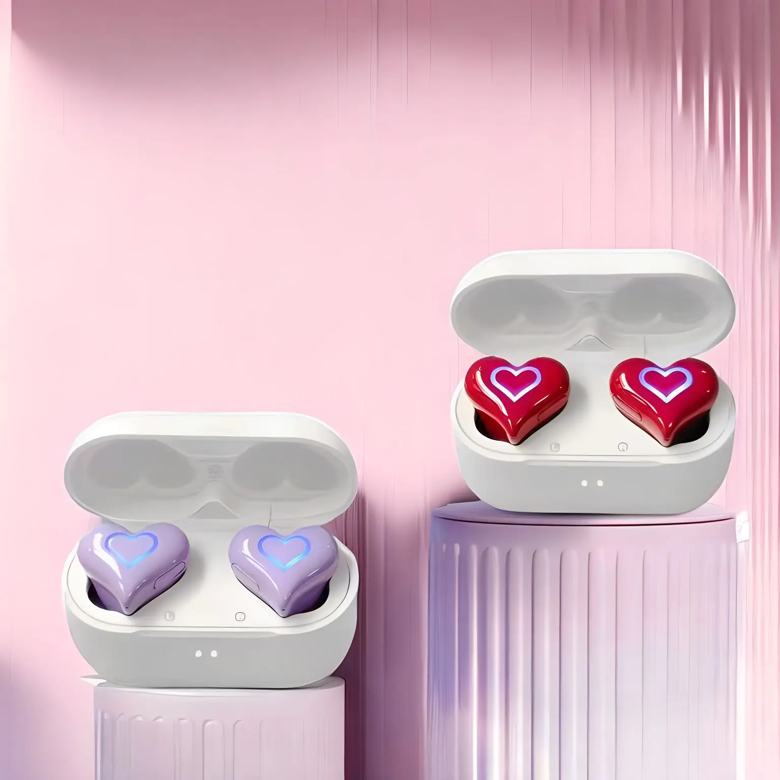 Women's Aesthetic Heart-Shaped Wireless Bluetooth 5.3 Earphones, Cute Design with Colorful LED Lights, Stable Connection, Noise Reduction, Music Support, Waterproof Audio Headphones