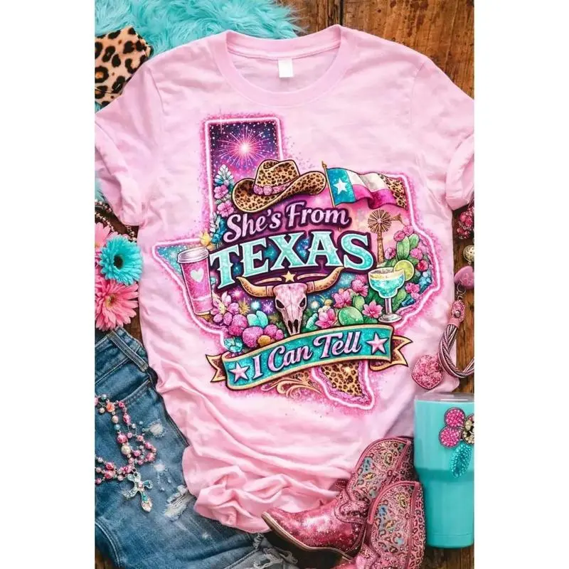 Women's Short-Sleeve Loose Fit Casual Garment - Pink Texas Western Graphic Tee, Cowgirl Leopard Rodeo Shirt (For Adults & Youth)