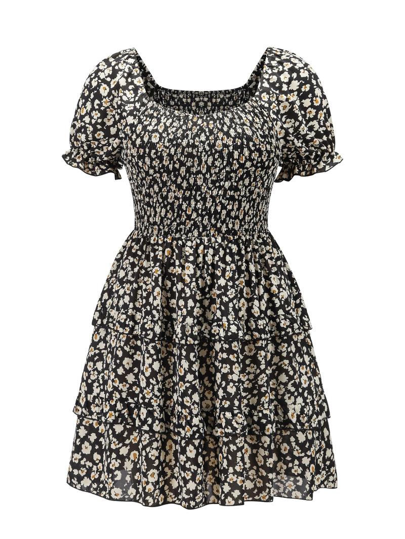 【Plus Size】 Floral Print Frill Trim A Line Dress, Boho Puff Sleeve Shirred Dress for Beach Holiday Vacation, Women's Clothes for Summer