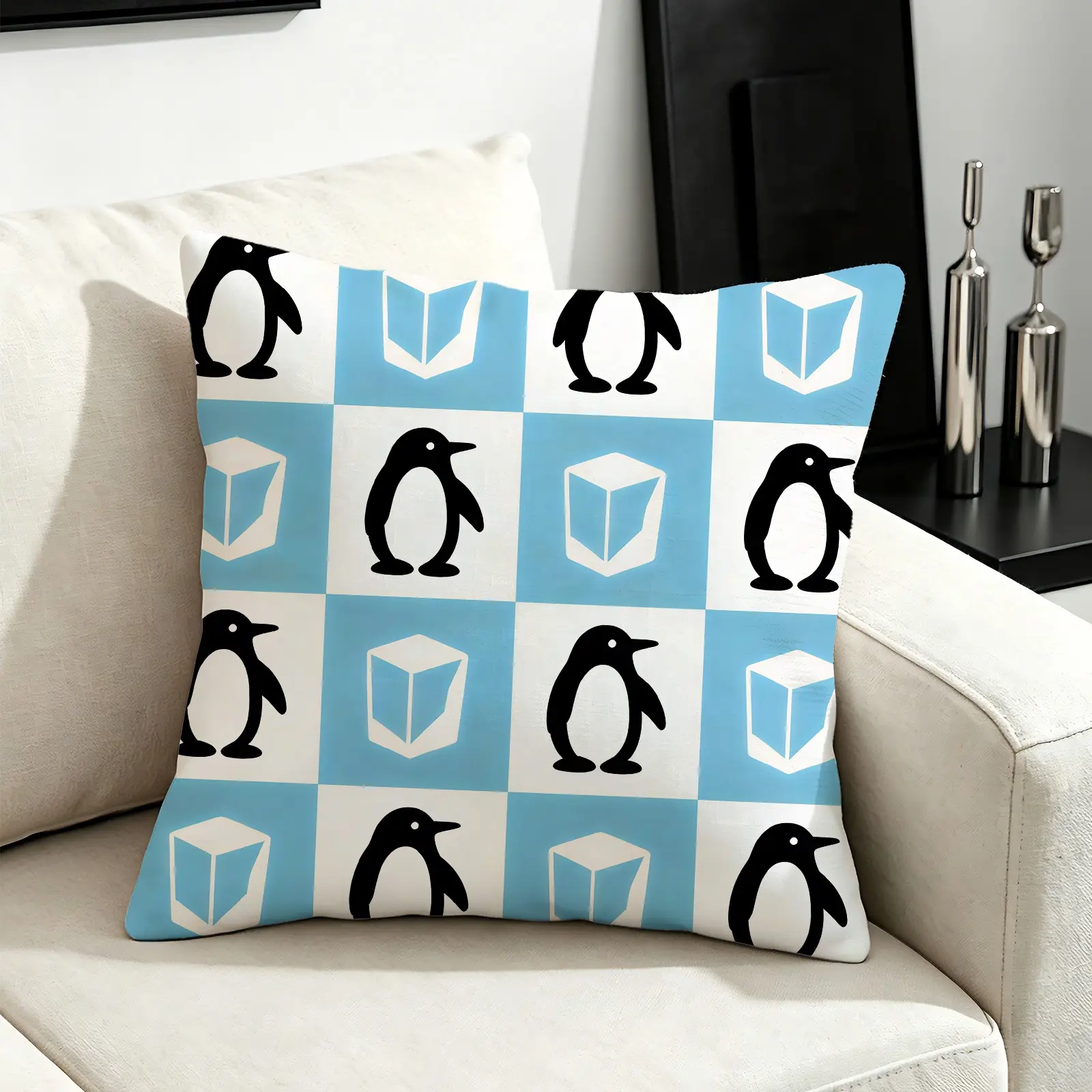Cute Animal Checkered Throw Pillow, Ultra Soft Microfiber Fabric, Machine Washable, All Season Use, With Inner Filling, Ideal for Sofa, Cafe & Bedroom Decoration, Great Gift
