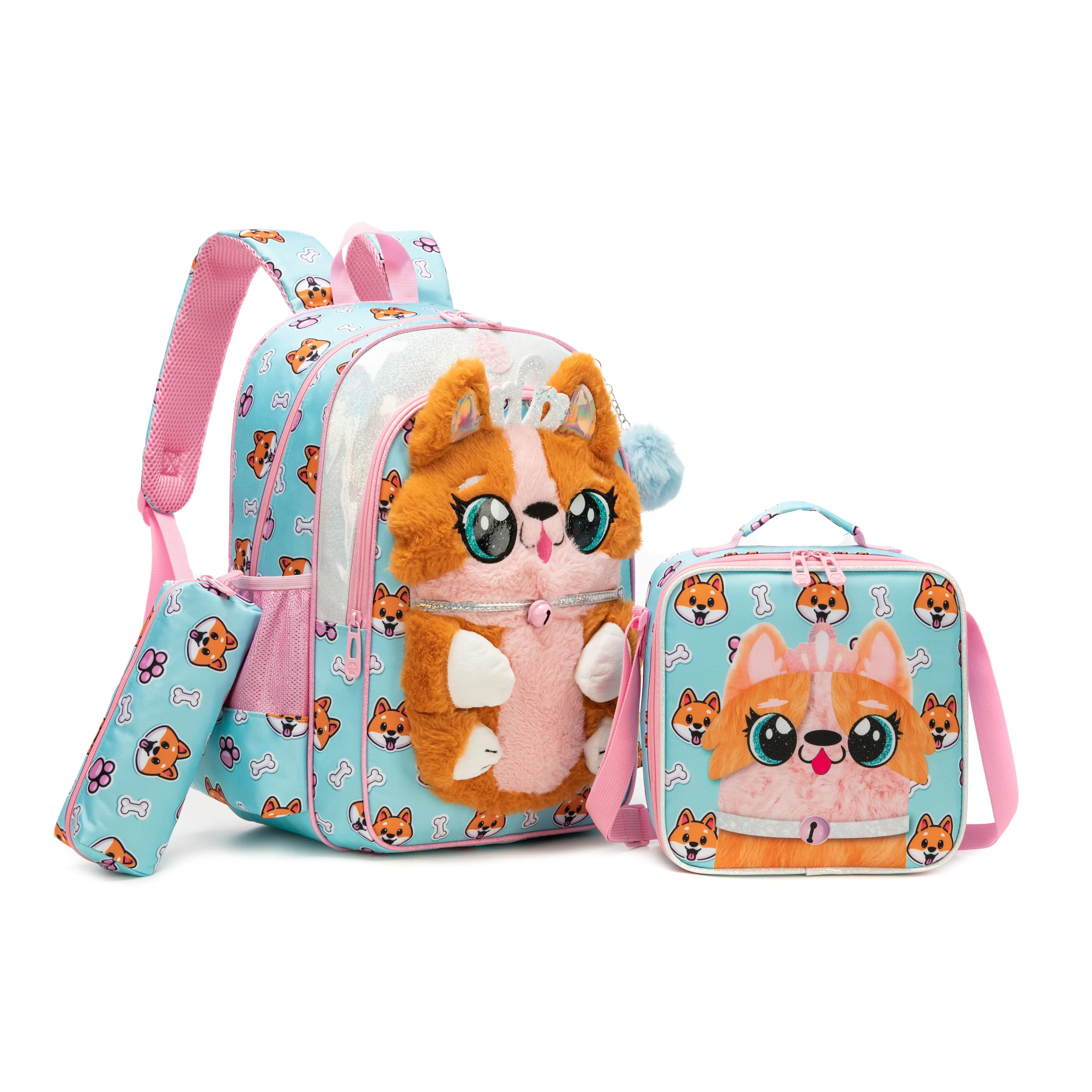 Girls' Kawaii Corgi School Backpack, Ergonomic 3-Piece Blue Polyester Set with 3D Plush Toy, Insulated Lunch Box & Pencil Case