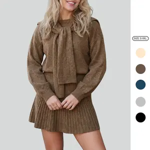 Imily Bela Cozy Knit Tie-Neck Sweater & Skirt Set - Women's Ribbed Two-Piece Outfit