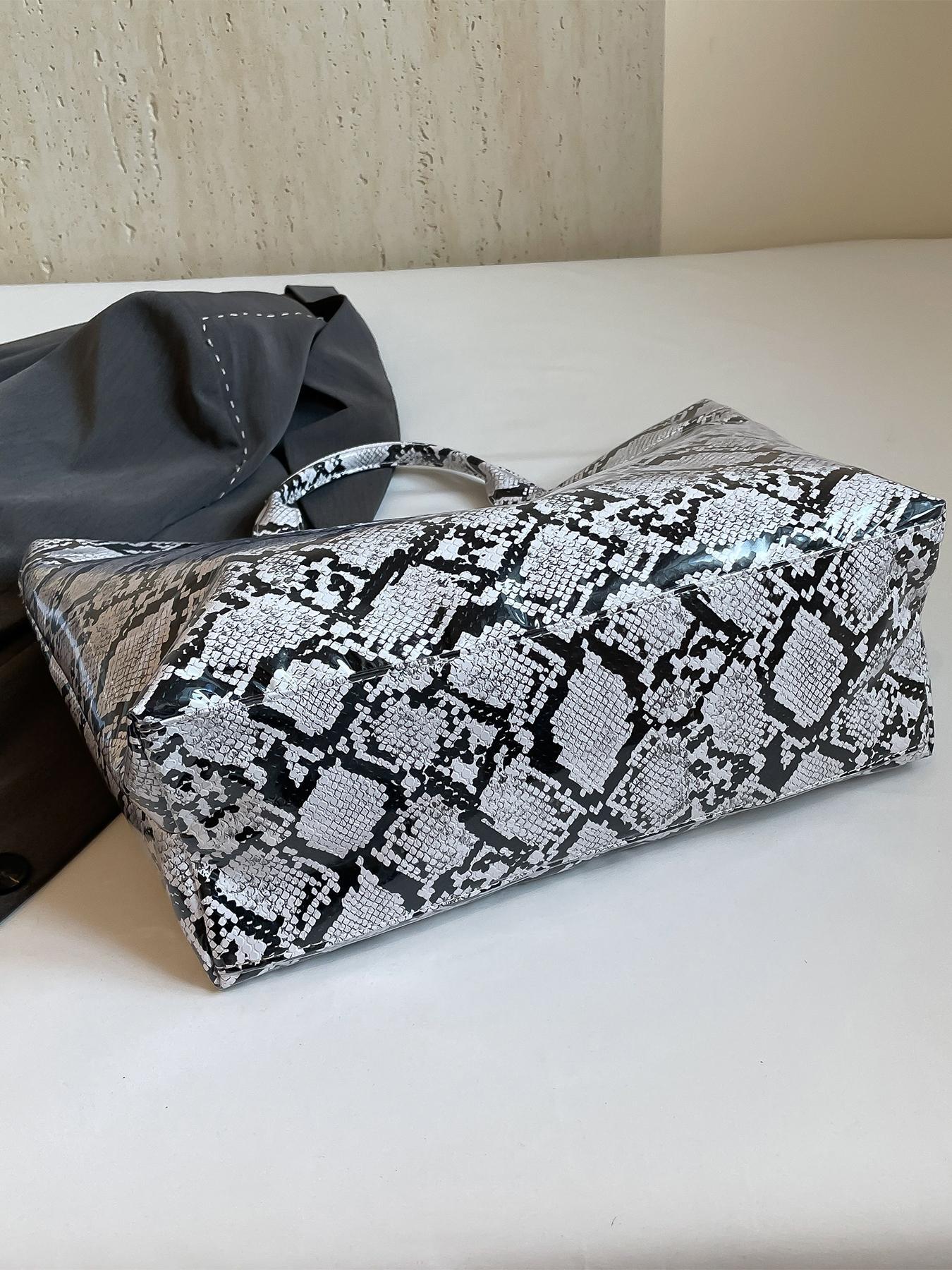 Fashionable Snakeskin Print Tote Bag, Large Capacity Shoulder Bag for Women, Casual Trendy Versatile High-quality Daily Commuting Bag, casual commuter bag, Casual Shopping Bag, Girl Fashionable  Unique Bags