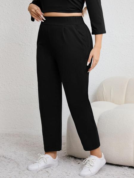 Plus Size Solid Plicated Pocket Elastic Waist Joggers, Casual Sporty High Waist Trousers for Women, Women's Sportswear for Indoor Outdoor Wear Plus Size Solid Plicated Pocket Elastic Waist Joggers, Casual Sporty High Waist Trousers for Women, Women's Sportswear for Indoor Outdoor Wear