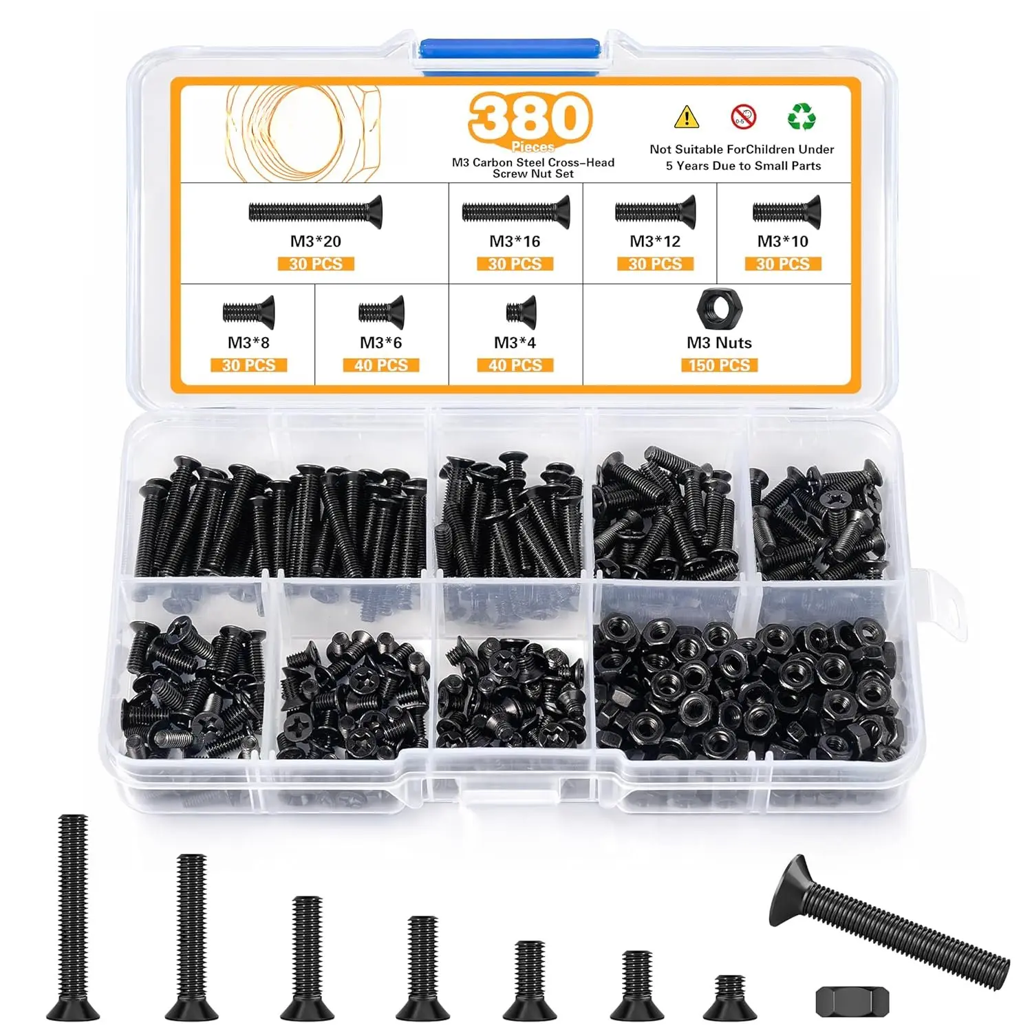 380 count M3 Black Flat  Machine Screws and Hex Nuts Kit Carbon Steel Countersunk  Phillips Screws  ,M3 x 4mm/ 6mm/ 8mm/ 10mm/ 12mm/ 16mm/ 20mm
