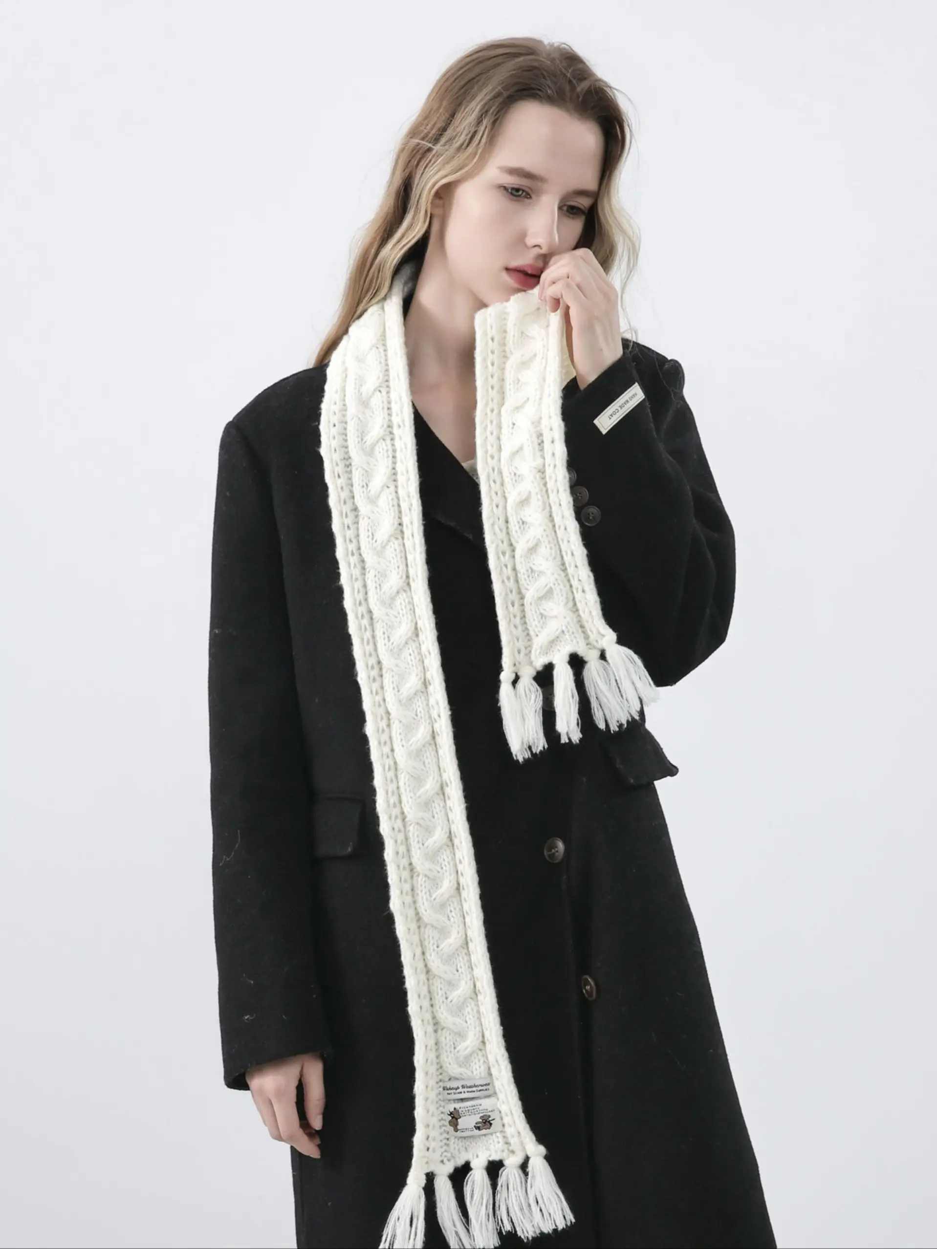 Autumn Winter Braided Fringe Vintage Knit Scarf, Unisex Narrow Version Crochet Shawl, Cozy Yarn Wrap for Men and Women