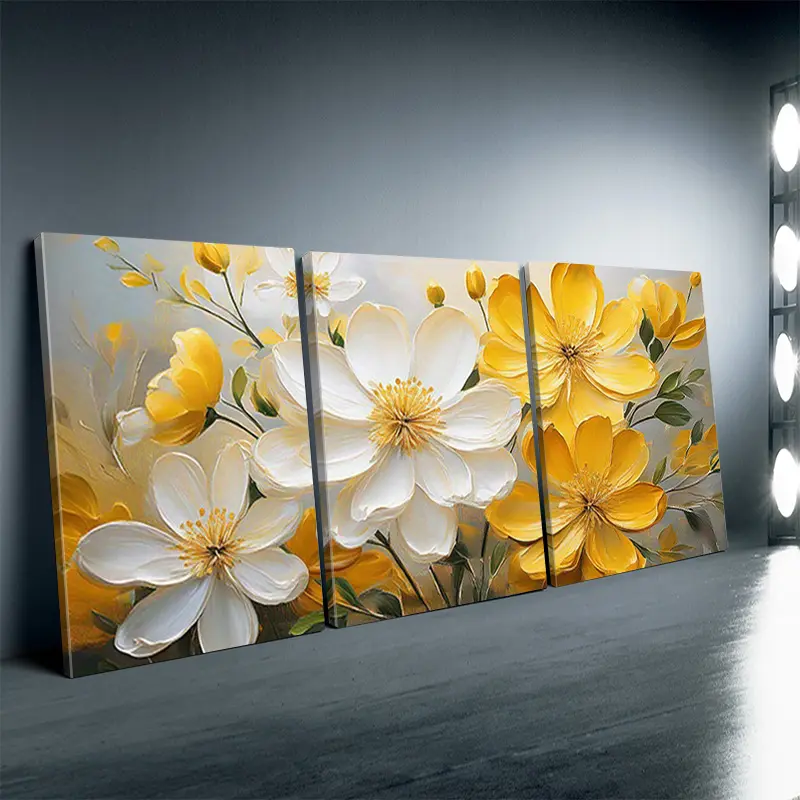 2D flat framed 2D graphic effect, framed, 3-piece modern yellow and white floral canvas art print - framed, vibrant floral design, suitable for living room, bedroom or office decoration, bedroom wall art | Modern Wall Decoration | Framed canvas, floral de